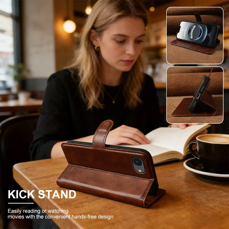 Für iPhone 17e / 16e Tasche Ständer Brieftasche Kalbsleder-Optik PU-Leder Klapptasche - Braun