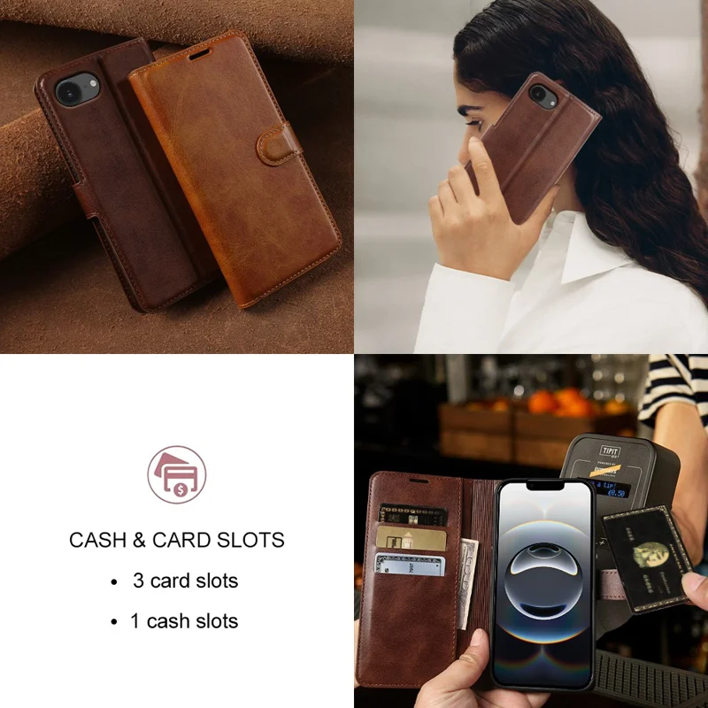 Für iPhone 17e / 16e Tasche Ständer Brieftasche Kalbsleder-Optik PU-Leder Klapptasche - Braun