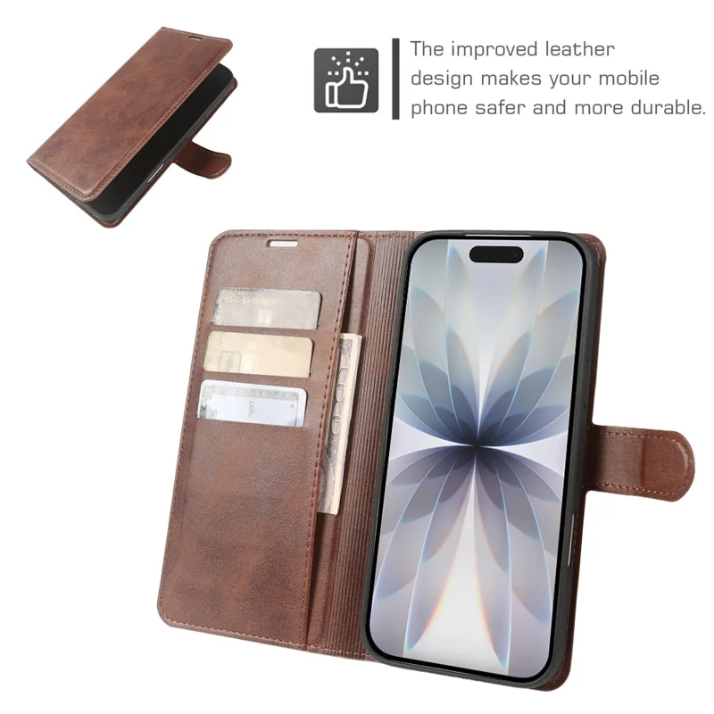 For iPhone 17 Case Stand Wallet Calf Texture PU Leather Flip Phone Cover - Brown