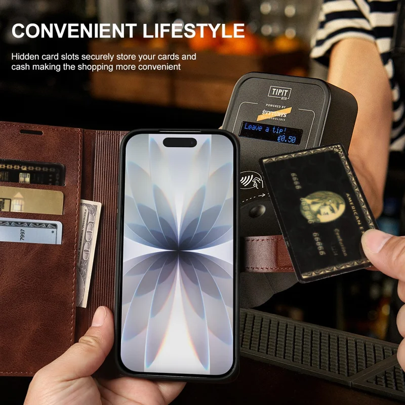 For iPhone 17 Case Stand Wallet Calf Texture PU Leather Flip Phone Cover - Brown