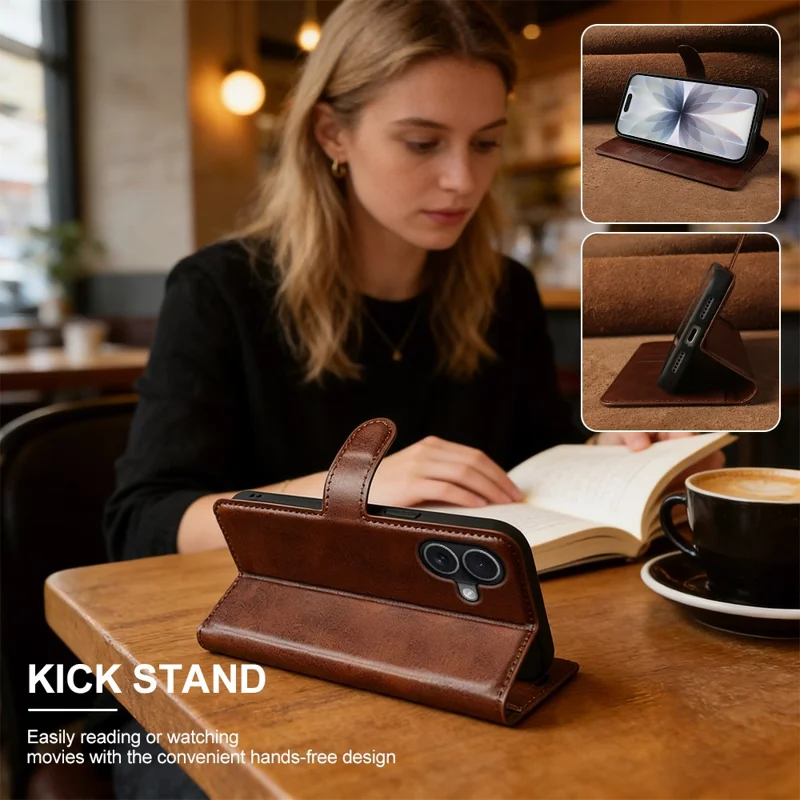 For iPhone 17 Case Stand Wallet Calf Texture PU Leather Flip Phone Cover - Brown