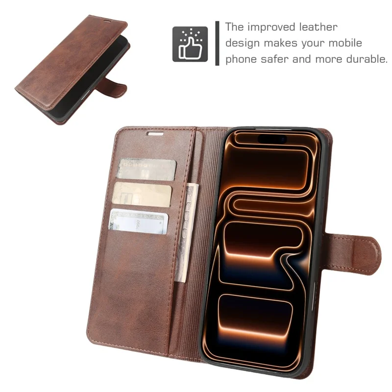 Capa Carteira Suporte para iPhone 17 Pro Max, Capa de Couro PU com Textura de Bezerro, Cor Marrom