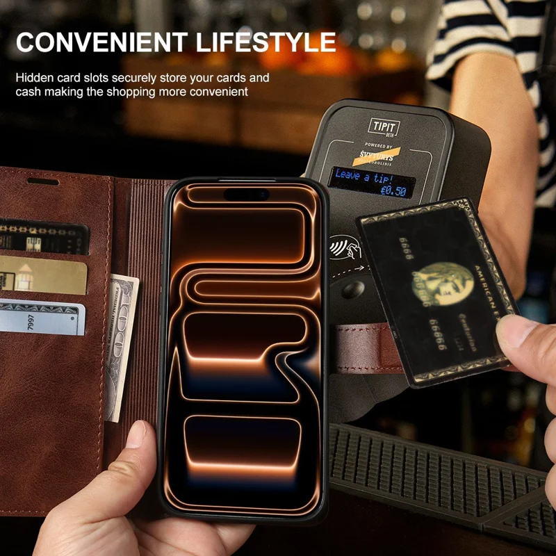 Capa Carteira Suporte para iPhone 17 Pro Max, Capa de Couro PU com Textura de Bezerro, Cor Marrom