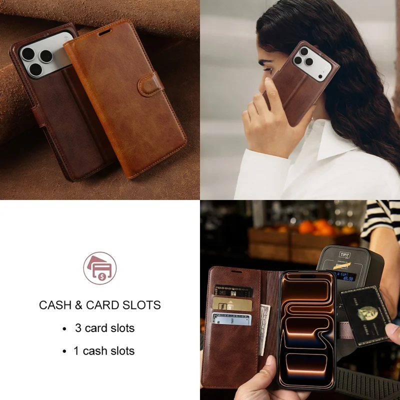 Capa Carteira Suporte para iPhone 17 Pro Max, Capa de Couro PU com Textura de Bezerro, Cor Marrom