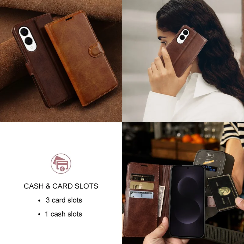 Flip Case til Samsung Galaxy S25 Edge med stående funktion, wallet, kalvlæderstruktur i PU-læder - Brun