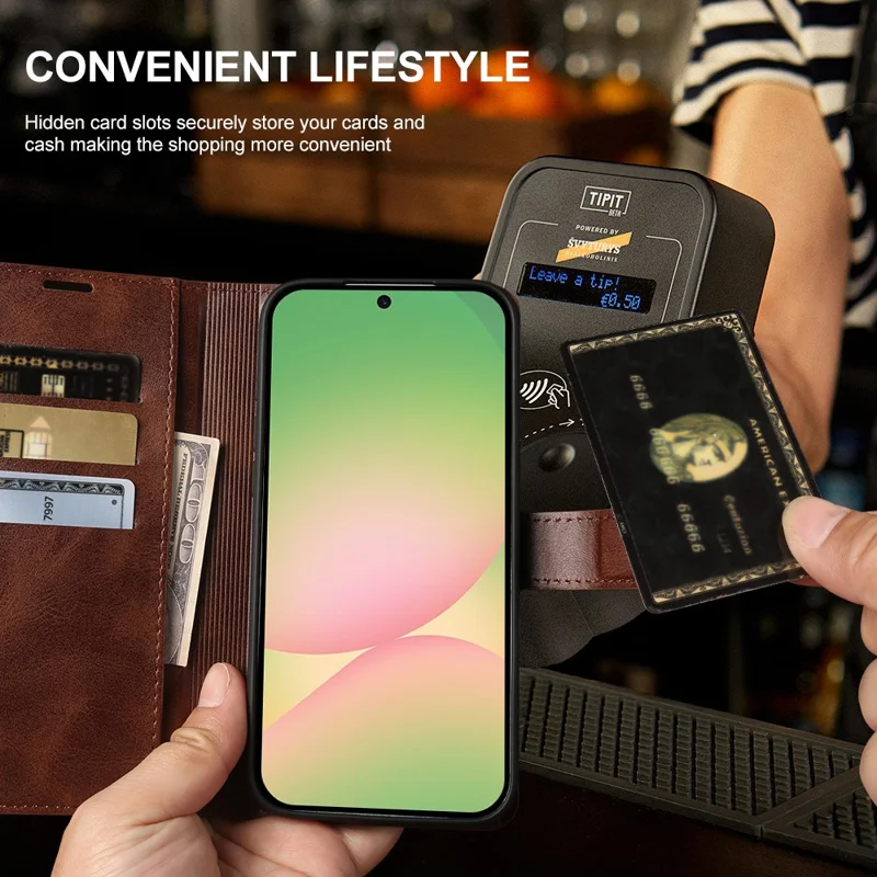 Custodia con supporto e portafoglio per Samsung Galaxy A56 5G, in ecopelle con texture effetto vitello, color marrone