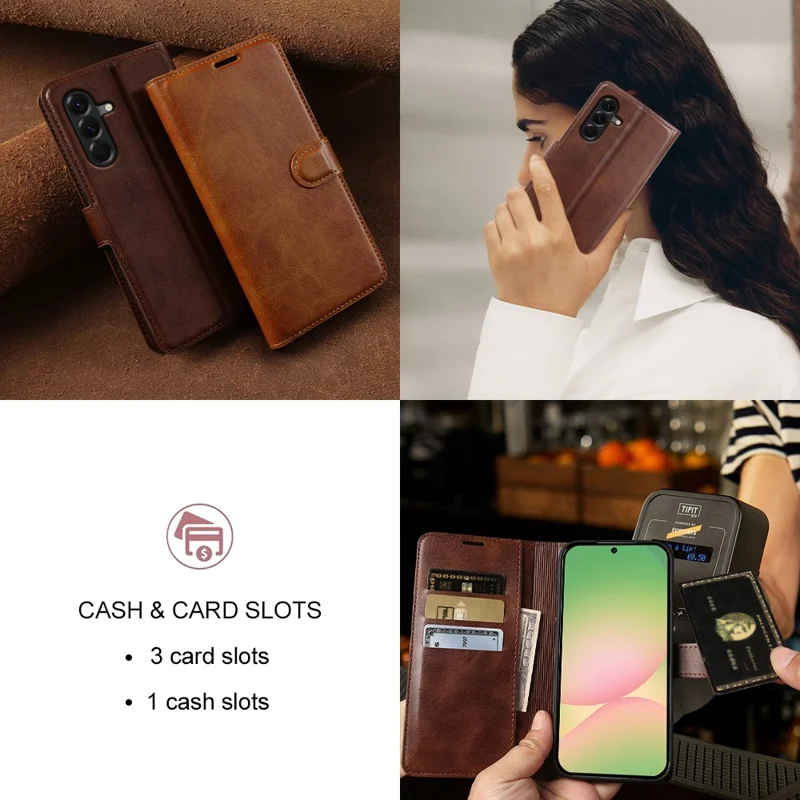 Custodia con supporto e portafoglio per Samsung Galaxy A56 5G, in ecopelle con texture effetto vitello, color marrone