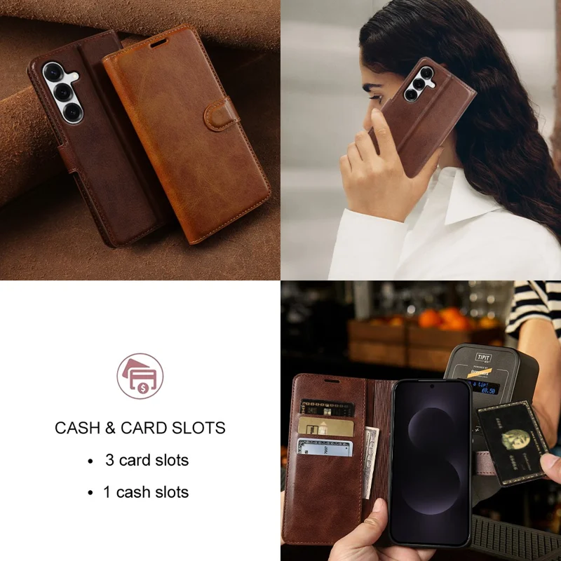 For Samsung Galaxy S25 Case Stand Wallet Calf Texture PU Leather Flip Phone Cover - Brown