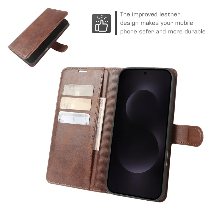 Capa Carteira Suporte para Samsung Galaxy S25 FE, Capa de Couro PU com Textura de Bezerro, Fecho de Abertura - Marrom