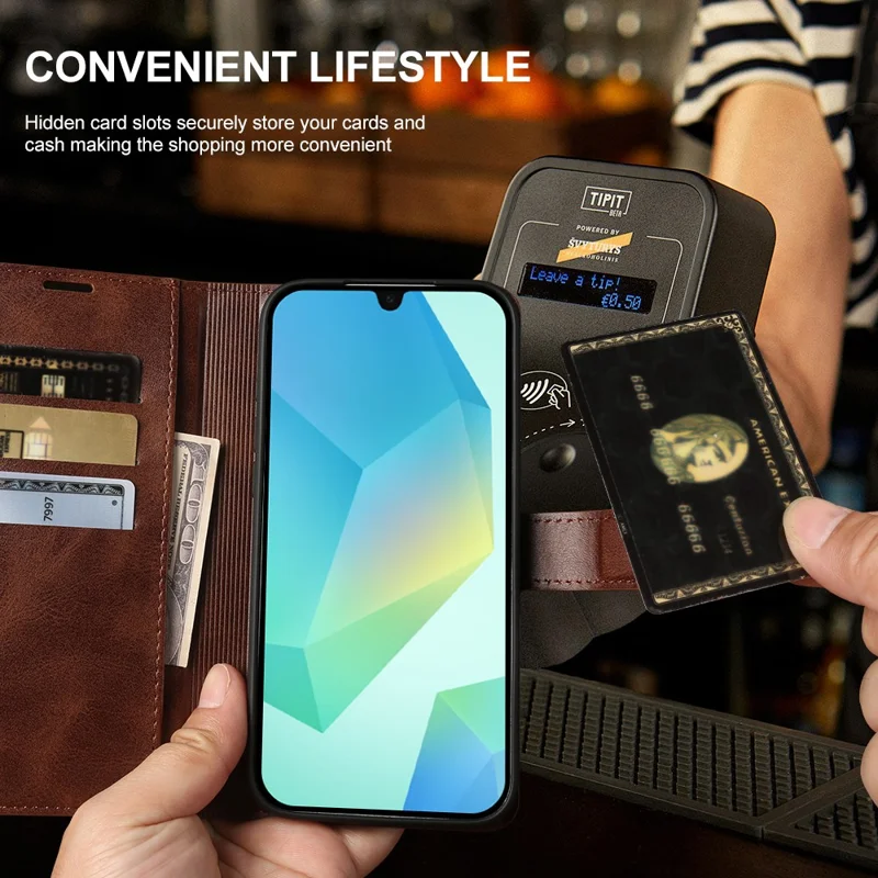 For Samsung Galaxy A16 4G  /  A16 5G Case Stand Wallet Calf Texture PU Leather Flip Phone Cover - Brown