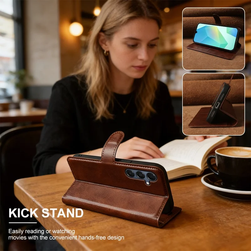 For Samsung Galaxy A16 4G  /  A16 5G Case Stand Wallet Calf Texture PU Leather Flip Phone Cover - Brown