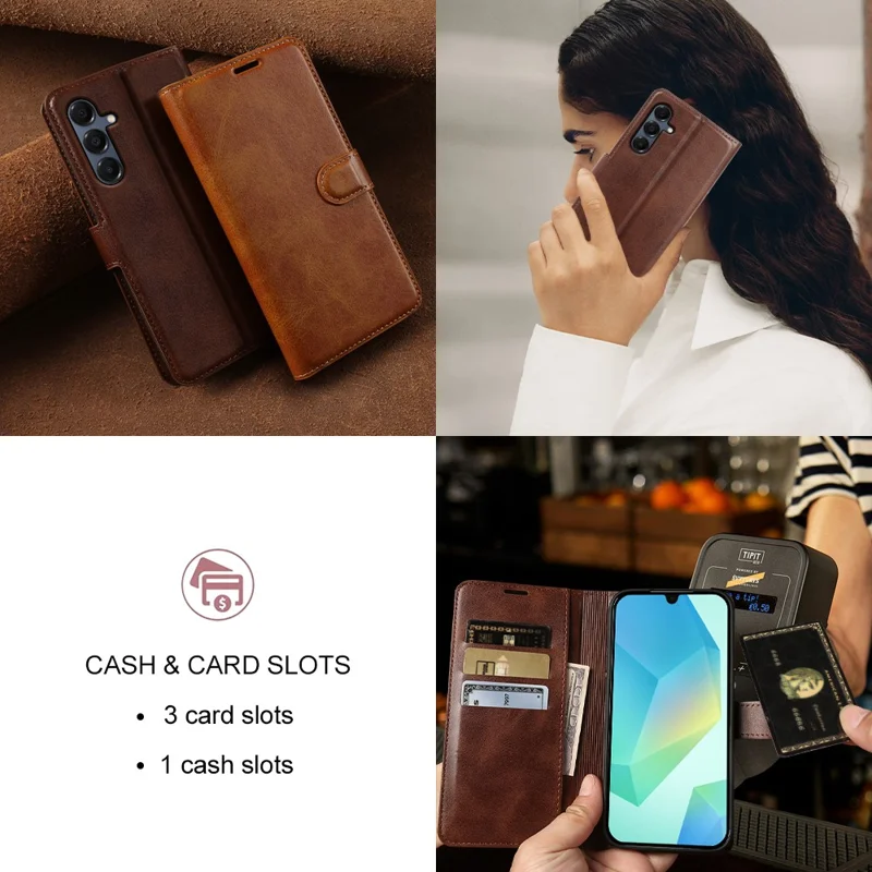 For Samsung Galaxy A16 4G  /  A16 5G Case Stand Wallet Calf Texture PU Leather Flip Phone Cover - Brown