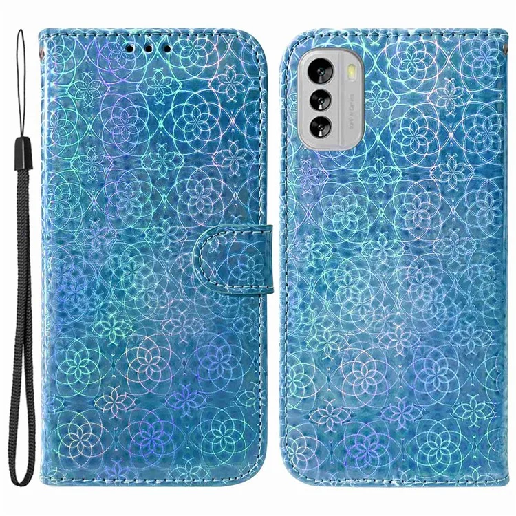 Para Nokia G60 5G PU Leather Dazzling Flower Pattern Wallet Case Folding Stand Magnetic Closure Protective Flip Phone Cover with Strap - Blue