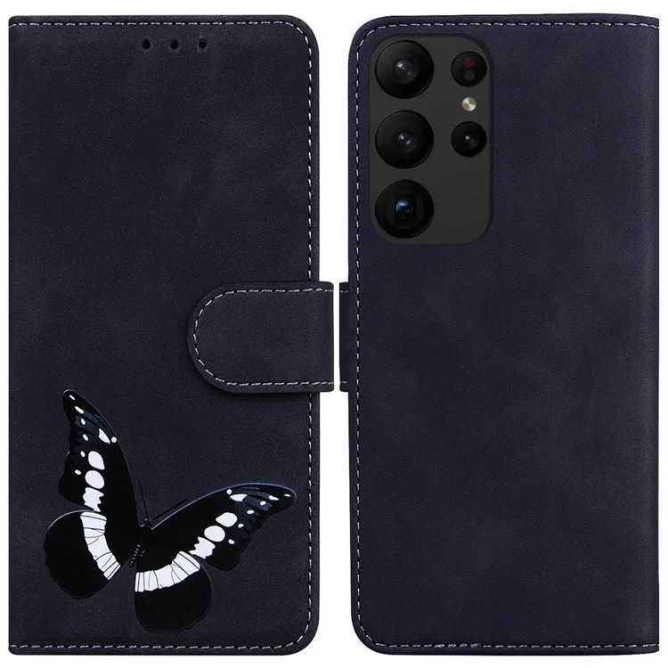 Para Samsung Galaxy S23 Ultra Butterfly Pattern Printing Flip Phone Case Skin-touch PU Leather Wallet Stand Full Protective Cover - Preto