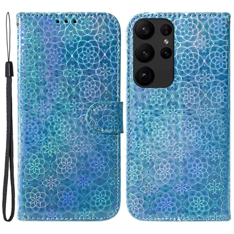 For Samsung Galaxy S23 Ultra Dazzling Flower Pattern PU Leather Case Wallet Stand Full Coverage Inner TPU Phone Cover with Strap - Blue