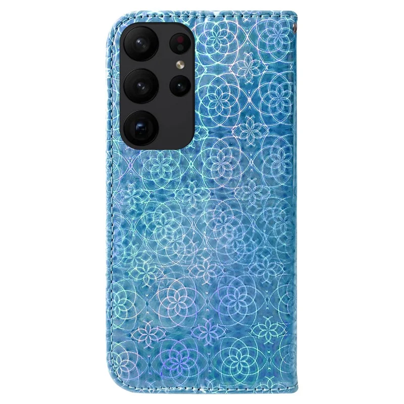 For Samsung Galaxy S23 Ultra Dazzling Flower Pattern PU Leather Case Wallet Stand Full Coverage Inner TPU Phone Cover with Strap - Blue