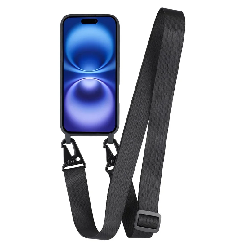 For iPhone 16 Case with Long Lanyard TPU Soft Matte Phone Cover - Black