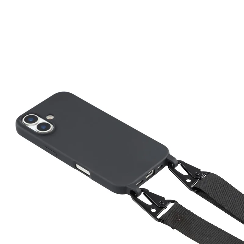 For iPhone 16 Case with Long Lanyard TPU Soft Matte Phone Cover - Black