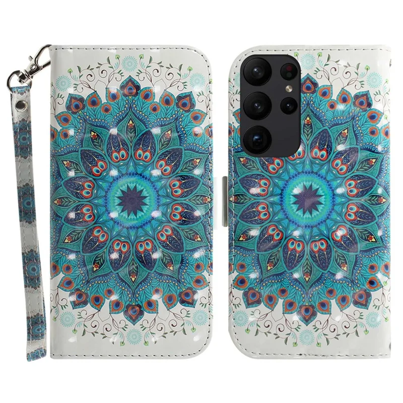 For Samsung Galaxy S23 Ultra Shockproof Phone Case Stand 3D Pattern Printing PU Leather Wallet Cover with Strap -  Peacock Wreath