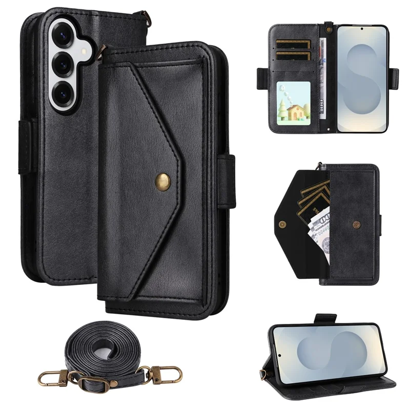 For Samsung Galaxy S26 Leather Case Magnetic Closure Wallet Stand Phone Cover with Crossbody Strap - Black