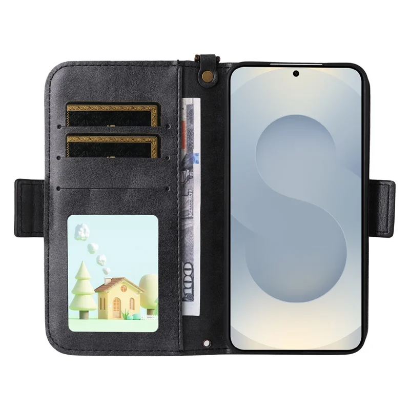For Samsung Galaxy S26 Leather Case Magnetic Closure Wallet Stand Phone Cover with Crossbody Strap - Black