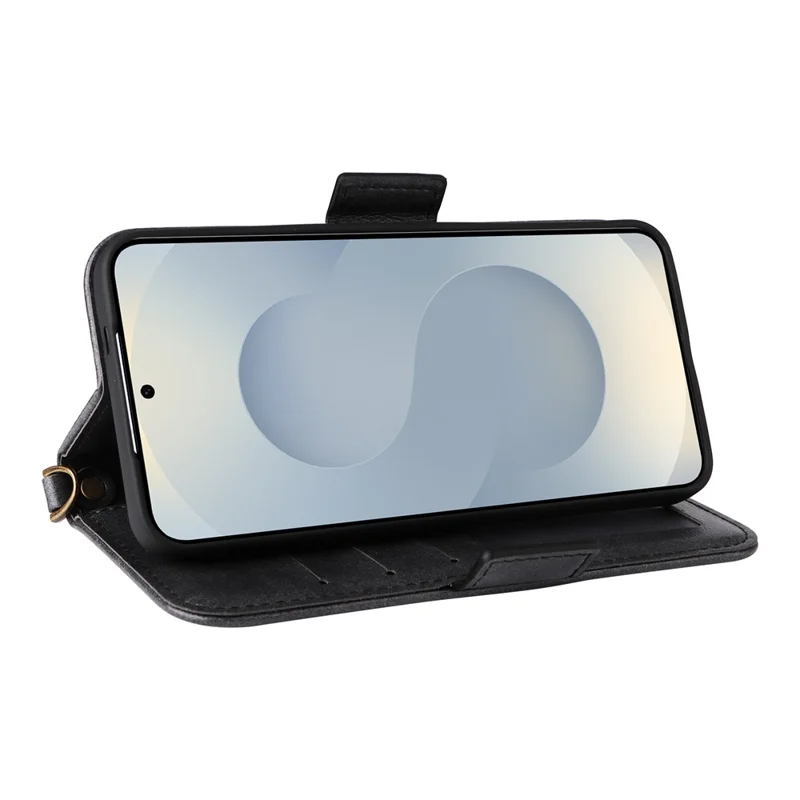 For Samsung Galaxy S26 Leather Case Magnetic Closure Wallet Stand Phone Cover with Crossbody Strap - Black