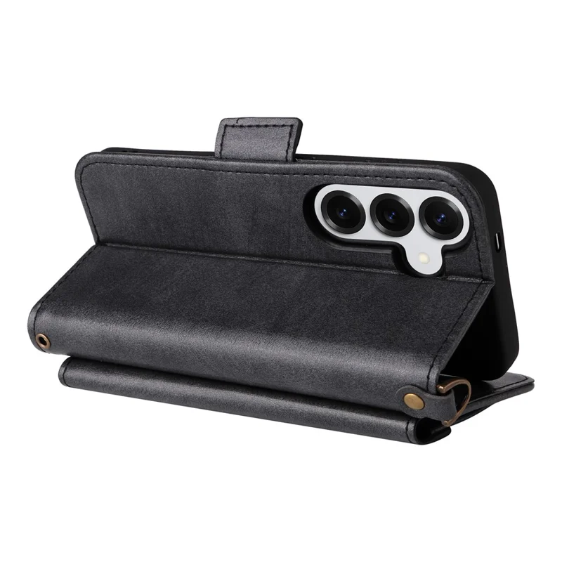 For Samsung Galaxy S26 Leather Case Magnetic Closure Wallet Stand Phone Cover with Crossbody Strap - Black