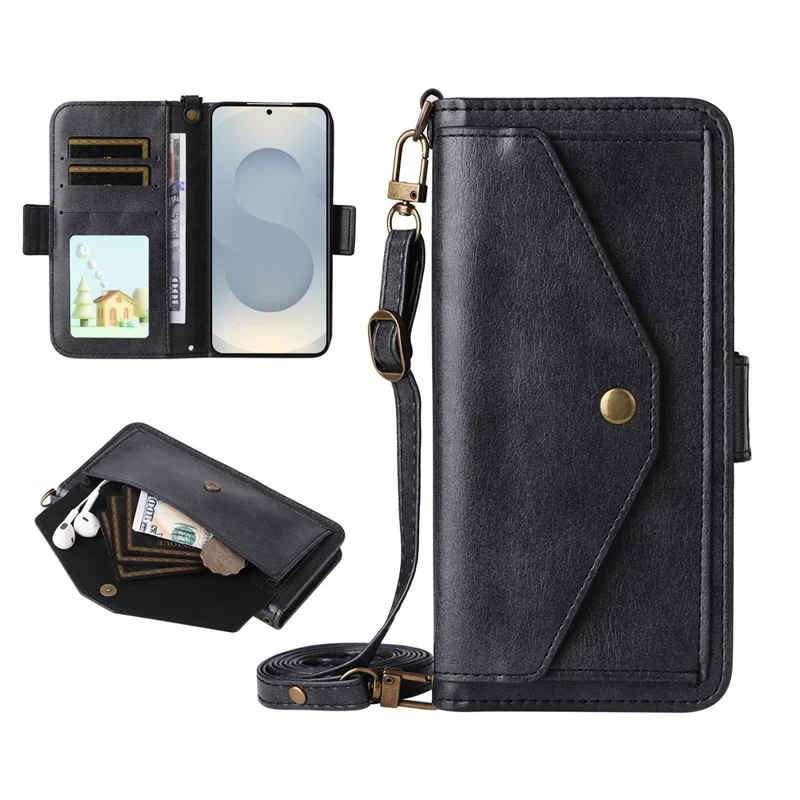 For Samsung Galaxy S26 Leather Case Magnetic Closure Wallet Stand Phone Cover with Crossbody Strap - Black