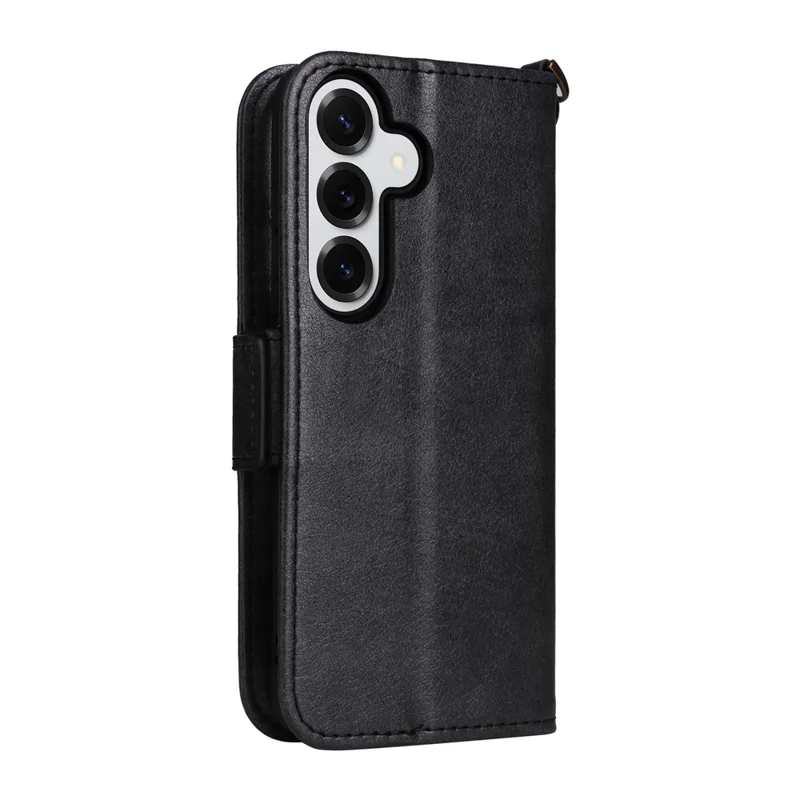 For Samsung Galaxy S26 Leather Case Magnetic Closure Wallet Stand Phone Cover with Crossbody Strap - Black
