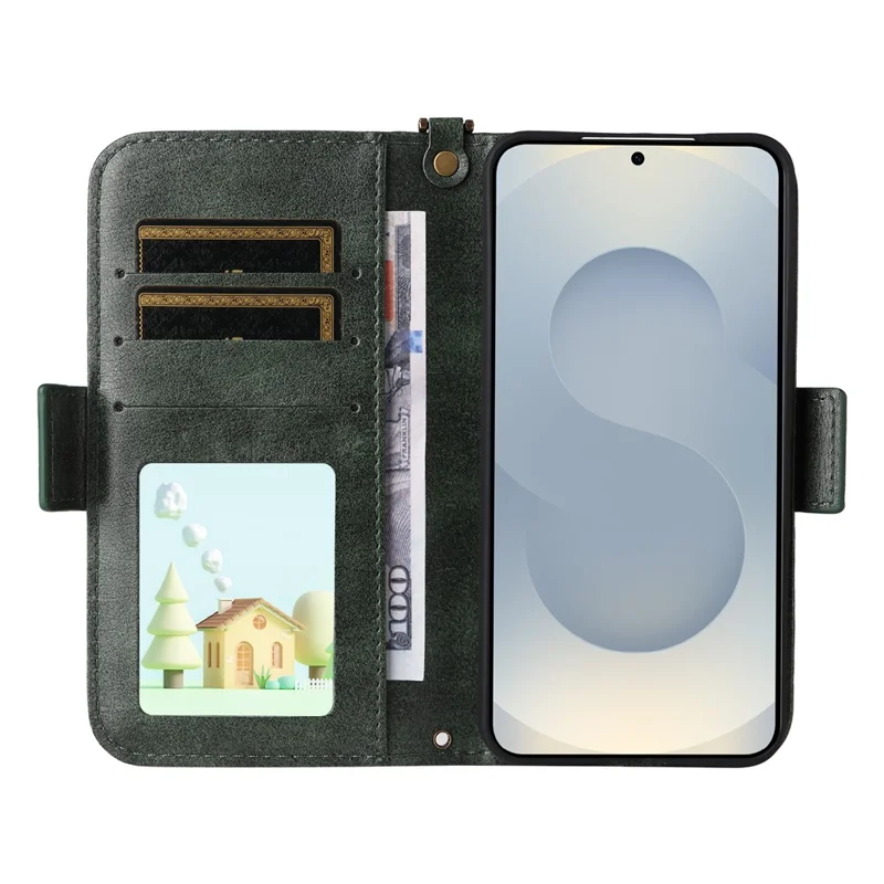 For Samsung Galaxy S26+ Leather Case Magnetic Closure Wallet Stand Phone Cover with Crossbody Strap - Green