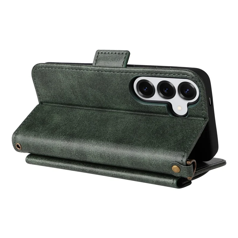 For Samsung Galaxy S26+ Leather Case Magnetic Closure Wallet Stand Phone Cover with Crossbody Strap - Green