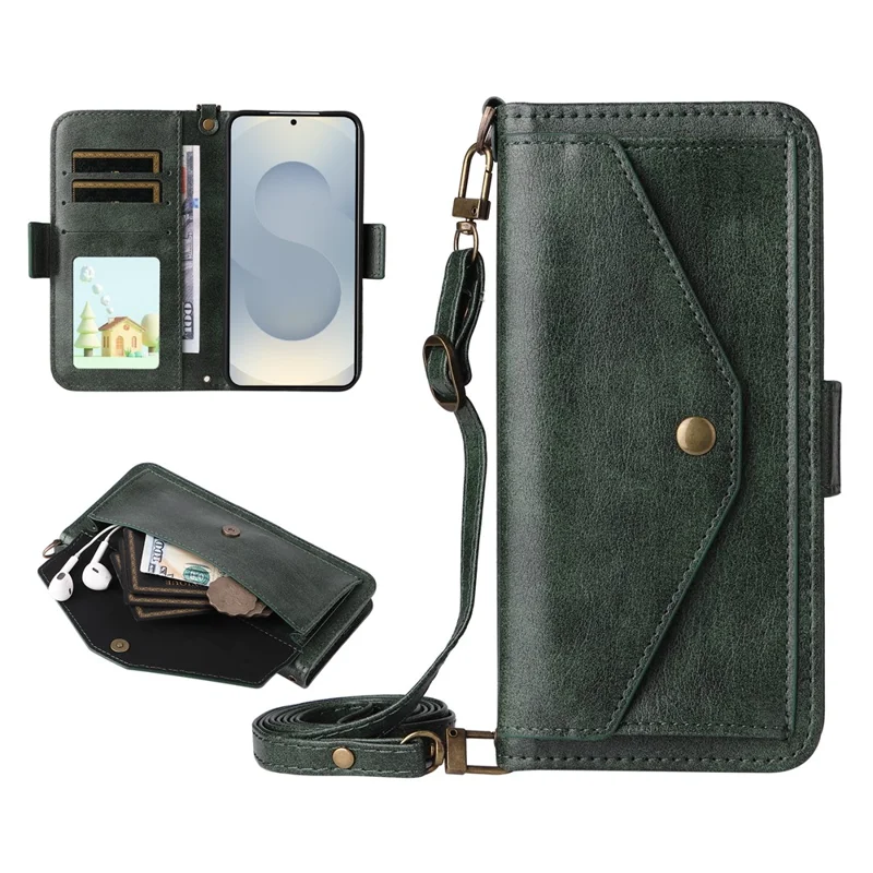 For Samsung Galaxy S26+ Leather Case Magnetic Closure Wallet Stand Phone Cover with Crossbody Strap - Green