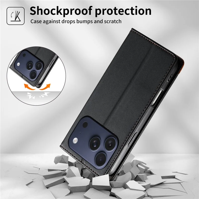 DIERFENG DF-018 for iPhone 17 Pro Case RFID Blocking Wallet Leather Phone Cover with Color Splicing Logo Corner - Black