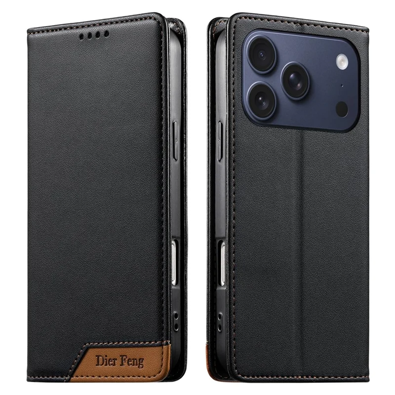 DIERFENG DF-018 for iPhone 17 Pro max Case RFID Blocking Wallet Leather Phone Cover with Color Splicing Logo Corner - Black