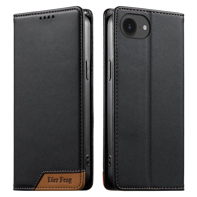 DIERFENG DF-018 for iPhone 17e  /  16e Case RFID Blocking Wallet Leather Phone Cover with Color Splicing Logo Corner - Black