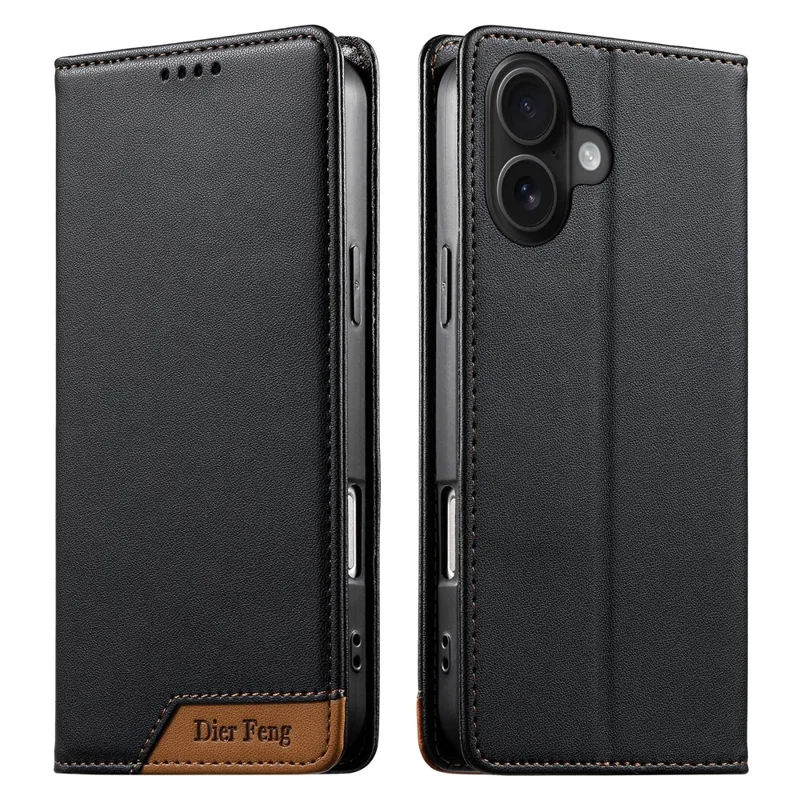 DIERFENG DF-018 for iPhone 16 Case RFID Blocking Wallet Leather Phone Cover with Color Splicing Logo Corner - Black