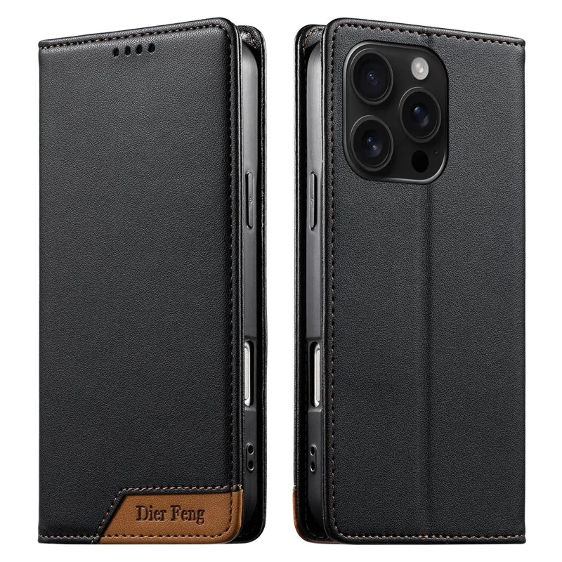 DIERFENG DF-018 for iPhone 16 Pro max Case RFID Blocking Wallet Leather Phone Cover with Color Splicing Logo Corner - Black