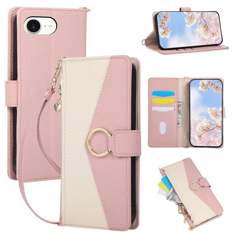 Wallet Case for iPhone 17e  /  16e Triangular Splicing Zipper Leather Flip Cover with Wrist Strap - Pink