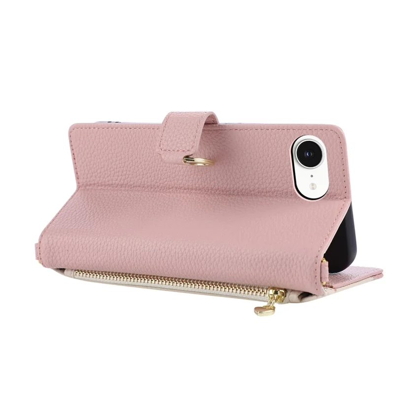 Wallet Case for iPhone 17e  /  16e Triangular Splicing Zipper Leather Flip Cover with Wrist Strap - Pink