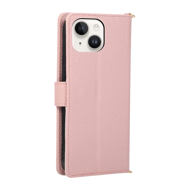 Wallet Case For iPhone 13  /  14 Triangular Splicing Zipper Leather Flip Cover with Wrist Strap - Pink