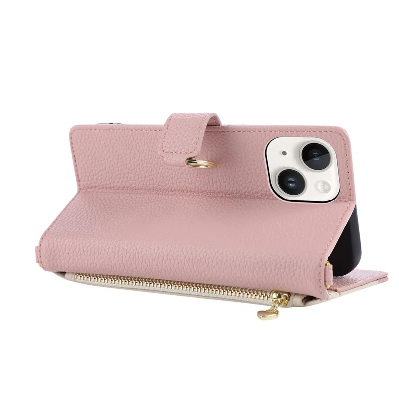 Wallet Case For iPhone 13  /  14 Triangular Splicing Zipper Leather Flip Cover with Wrist Strap - Pink