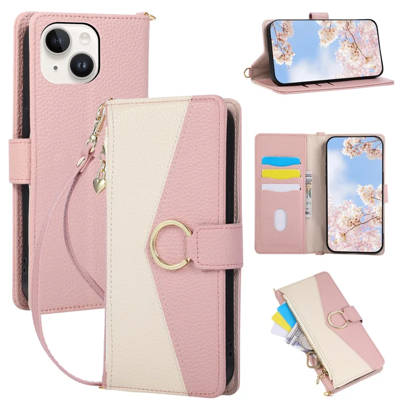 For iPhone 15 Wallet Case Triangular Splicing Zipper Leather Flip Cover with Wrist Strap - Pink