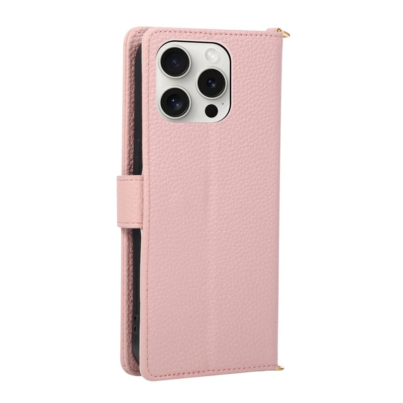 For iPhone 15 Pro Max Wallet Case Triangular Splicing Zipper Leather Flip Cover with Wrist Strap - Pink