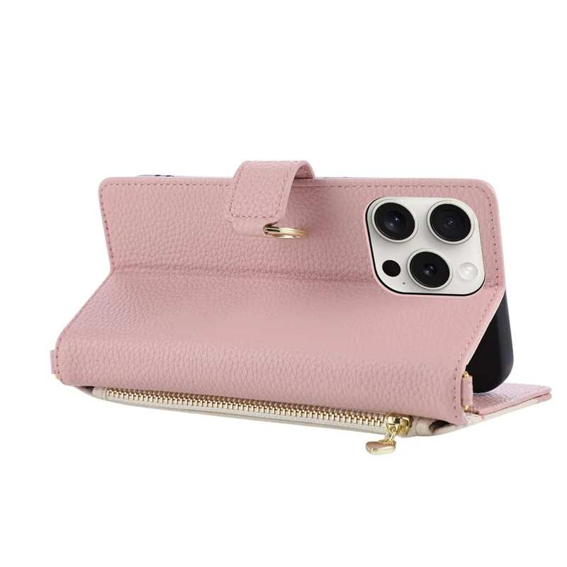 For iPhone 15 Pro Max Wallet Case Triangular Splicing Zipper Leather Flip Cover with Wrist Strap - Pink