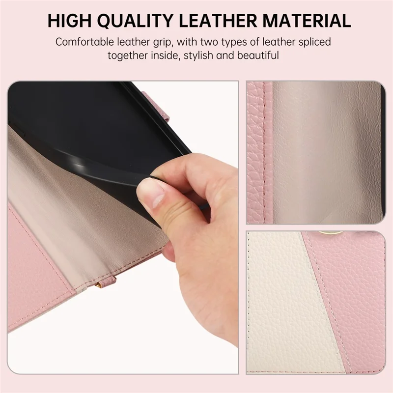 For iPhone 16 Pro Max Wallet Case Triangular Splicing Zipper Leather Flip Cover with Wrist Strap - Pink