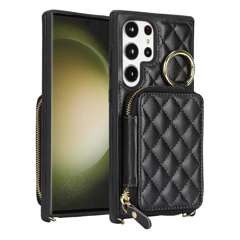 For Samsung Galaxy S23 Ultra Case Ring Holder Zipper Pocket Kickstand Leather Back Phone Cover with Shoulder Strap - Black