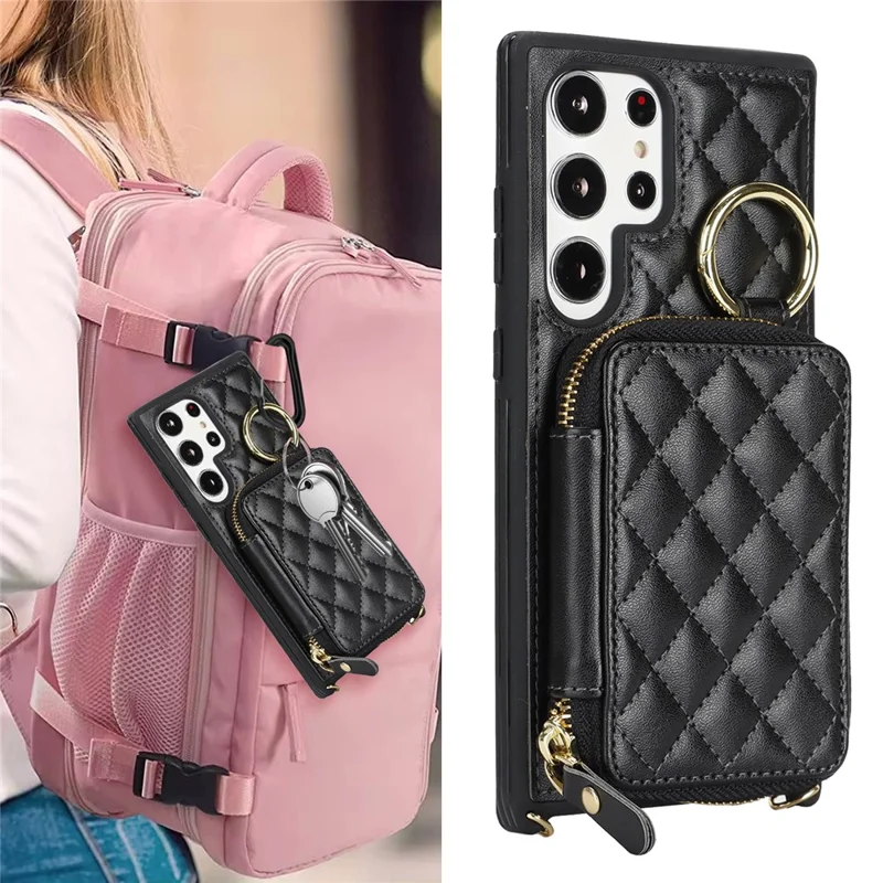 For Samsung Galaxy S23 Ultra Case Ring Holder Zipper Pocket Kickstand Leather Back Phone Cover with Shoulder Strap - Black