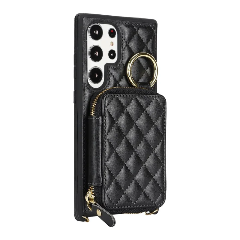 For Samsung Galaxy S23 Ultra Case Ring Holder Zipper Pocket Kickstand Leather Back Phone Cover with Shoulder Strap - Black