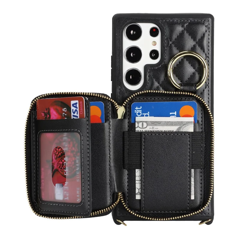 For Samsung Galaxy S23 Ultra Case Ring Holder Zipper Pocket Kickstand Leather Back Phone Cover with Shoulder Strap - Black