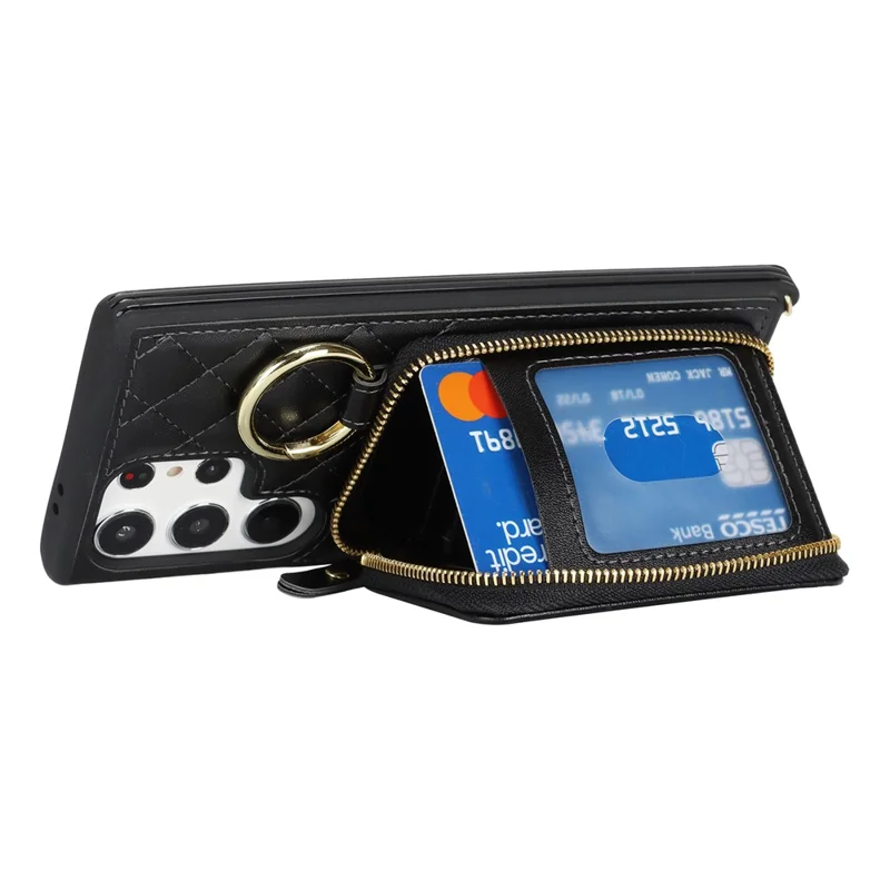 For Samsung Galaxy S23 Ultra Case Ring Holder Zipper Pocket Kickstand Leather Back Phone Cover with Shoulder Strap - Black